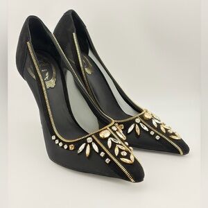 Rene Caovilla Black and Gold Embellished Heels 38